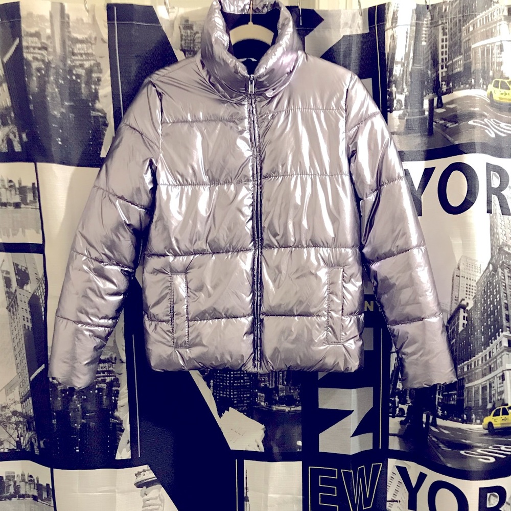 Metallic shiny puffer coat